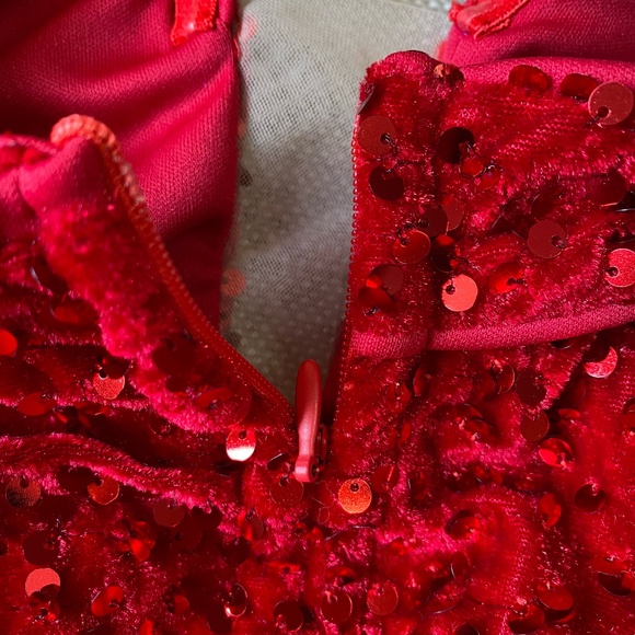 Womens Bright Red Velour Sequins Deep V-Neck Long Party Formal Gown- Sz-M - Picture 11 of 16